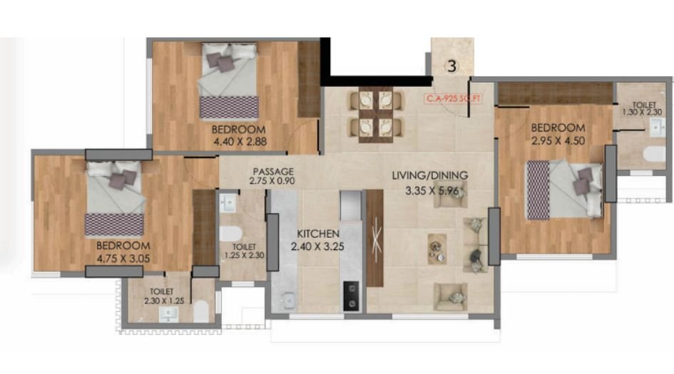 Triveni-Kush-Aura-3 BHK- 925 Sqft